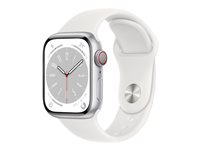 Apple Watch Series 8 (GPS + Cellular) - 41 mm - sølvaluminium - smartklokke med sportsbånd - fluorelastomer - hvit - båndbredde: Regular - 32 GB - Wi-Fi, LTE, Bluetooth, UWB - 4G - 32 g MP4A3DH/A