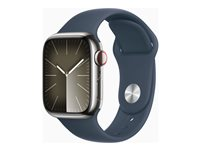 Apple Watch Series 9 (GPS + Cellular) - 41 mm - sølv rustfritt stål - smartklokke med sportsbånd - fluorelastomer - stormblå - båndbredde: S/M - 64 GB - Wi-Fi, LTE, UWB, Bluetooth - 4G - 42.3 g MRJ23DH/A