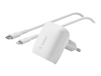 Belkin BoostCharge - Strømadapter - 20 watt - Fast Charge, Power Delivery 3.1 (24 pin USB-C) - på kabel: Lightning - hvit WCA006VF1MWH-B5