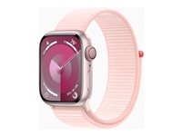 Apple Watch Series 9 (GPS + Cellular) - 41 mm - pink aluminum - smartklokke med sportssløyfe - myk dobbeltlagsnylon - light pink - 64 GB - Wi-Fi, LTE, UWB, Bluetooth - 4G - 32.1 g MRJ13DH/A