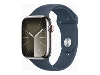 Apple Watch Series 9 (GPS + Cellular) - 45 mm - sølv rustfritt stål - smartklokke med sportsbånd - fluorelastomer - stormblå - båndbredde: M/L - 64 GB - Wi-Fi, LTE, UWB, Bluetooth - 4G - 51.5 g MRMP3DH/A