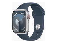 Apple Watch Series 9 (GPS + Cellular) - 41 mm - sølvaluminium - smartklokke med sportsbånd - fluorelastomer - stormblå - båndbredde: M/L - 64 GB - Wi-Fi, LTE, UWB, Bluetooth - 4G - 32.1 g MRHW3DH/A