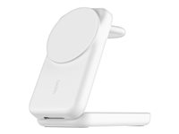 Belkin UltraCharge - Trådløst ladestativ - 3-i-1, magnetisk, sammenleggbar, med Qi2 + AC-strømadapter - 25 watt - Ultra Fast Charge - MFI-sertifisert - hvit WIZ036KQWH
